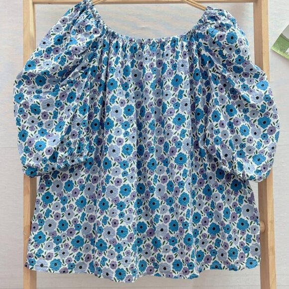 Tops - Blue Floral Puff Sleeve Off Shoulder Blouse